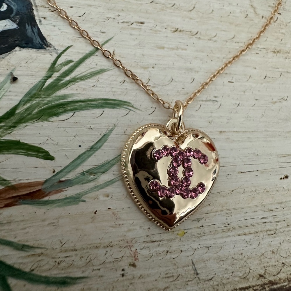 CHANEL~ Gold Heart Pendant Necklace with Pink Accents